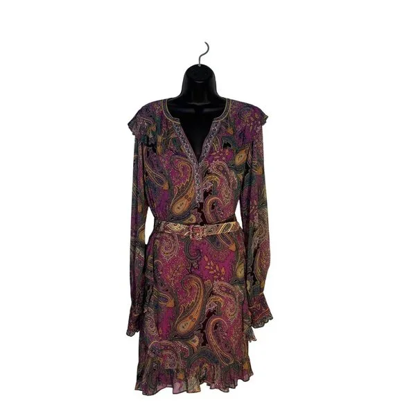 Hale Bob Paisley Print Long Sleeve Belted Dress L - Picture 1 of 13